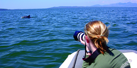 A woman in a boat looking at a dolphins via a telescope.