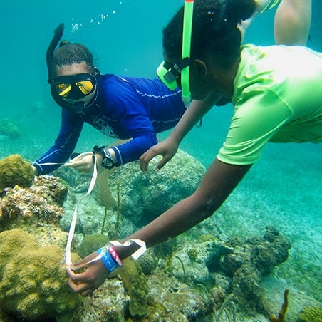 Two teen girls snorkeling to measure coral.