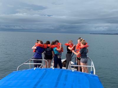 An Earthwatch teen team gathers on the research boat (C) Caroline Nassif